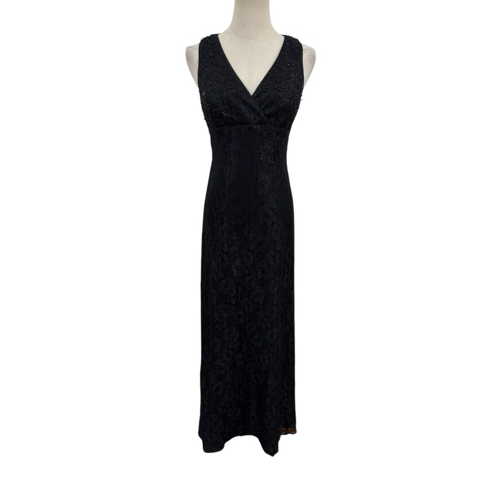 Vtg Y2K Black Lace Beaded Maxi Dress Sz 2 Formal Whimsigoth Fairy‎